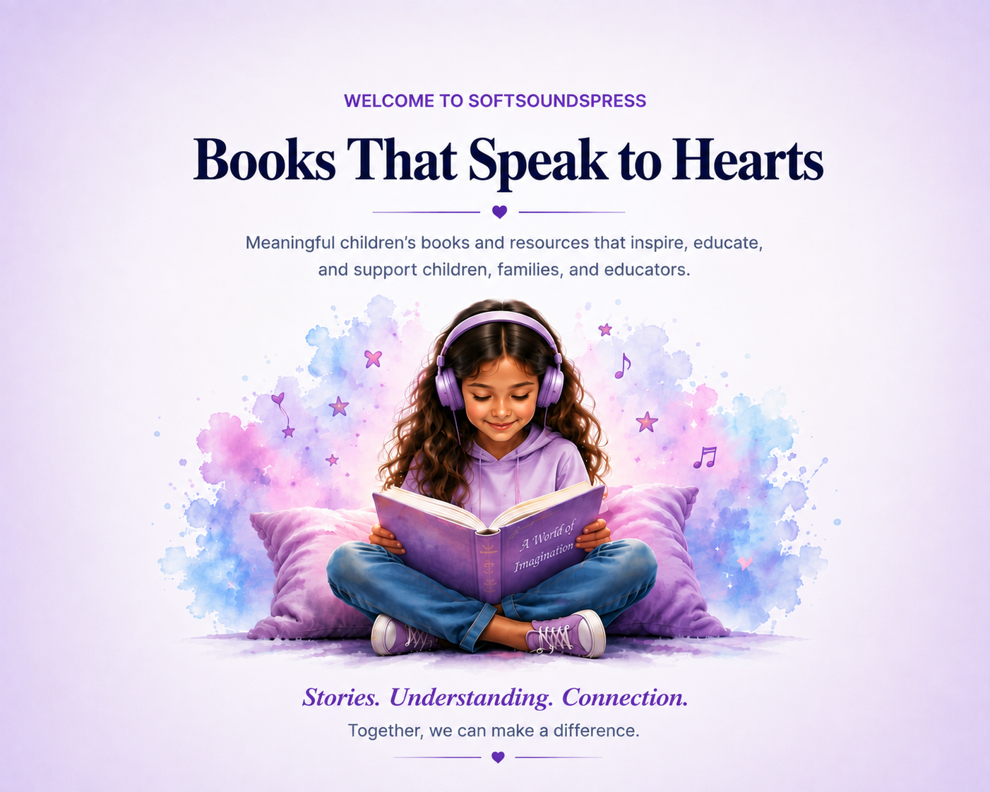 SoftSoundsPress homepage featuring books, understanding, connection, and Isabela reading